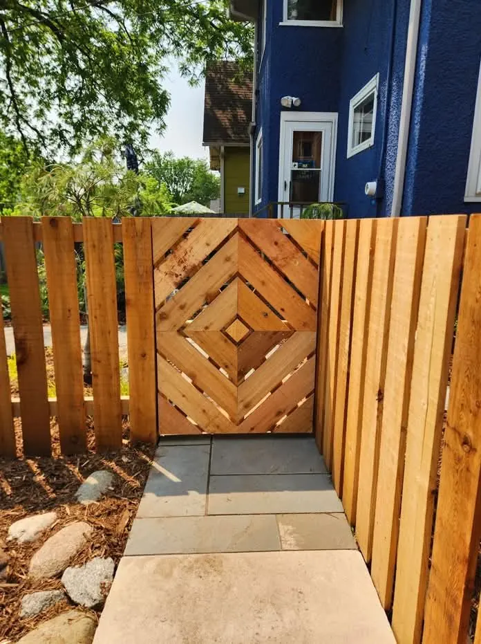 Custom wood walk gate with a diamond board pattern in Katy