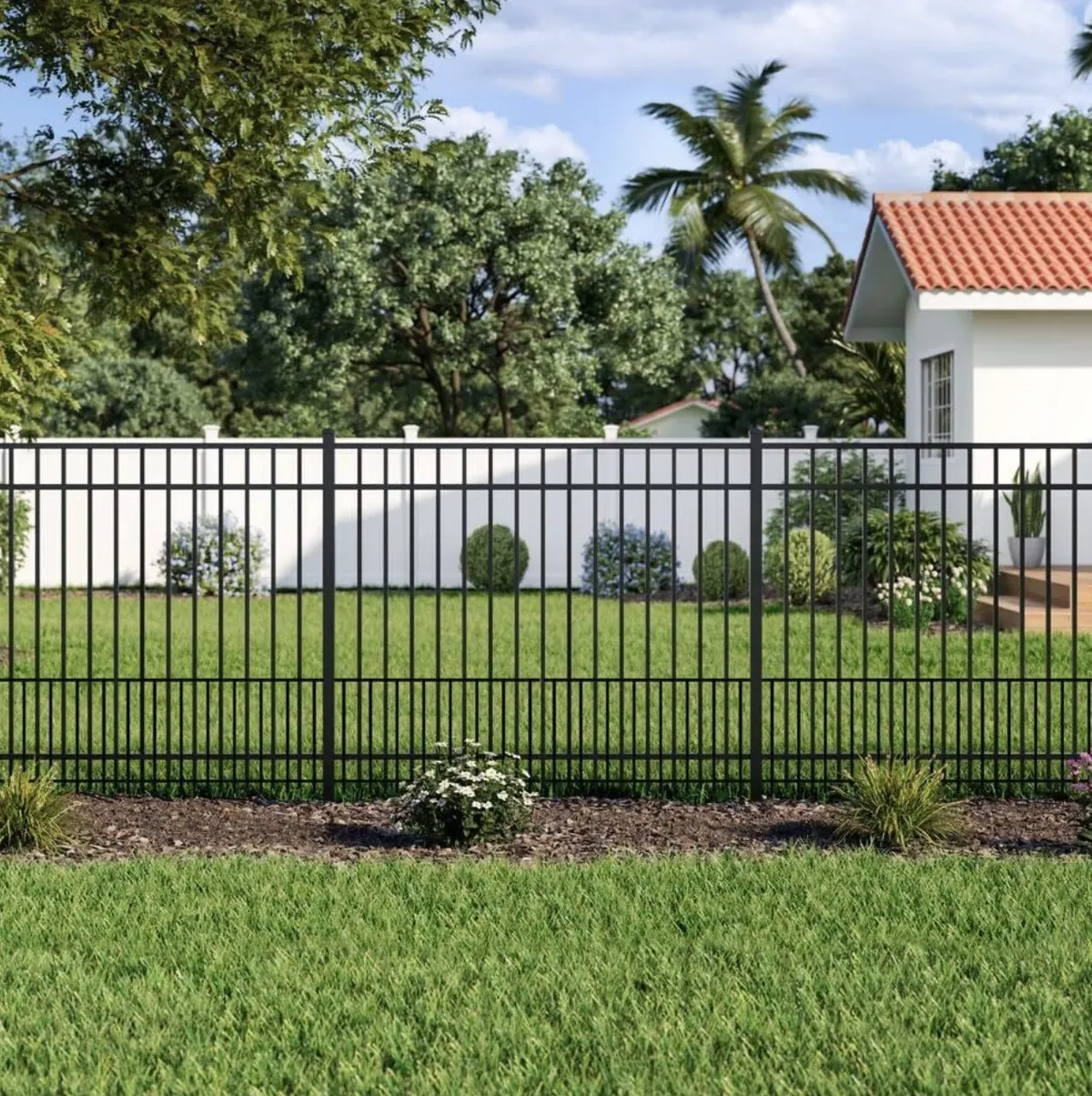 Black metal fence replacement along a manicured front yard